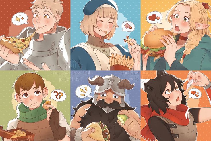 he image shows a collage of six different animestyle illustrations, each featuring a character enjoying various types of food.  the characters are diverse, including a knight eating pizza, an elf girl with a burger, a girl with fries, a boy eating some kind of snack, a dwarf eating a taco, and a cateared girl eating sushi.  each character has a unique design and personality, and the style is generally cute and cheerful. the background of each panel has a simple, pastel color scheme.  there is also some text present warning against reposting or using the art for ai or nfts.