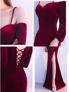a woman is wearing a beautiful longsleeved red velvet dress. the dress has a sweetheart neckline, a fitted bodice, and a flowing skirt with a thighhigh slit. the dress is very elegant and glamorous, and the woman looks stunning in it. the image is probably from a fashion shoot or a magazine. the dress is likely meant for a special occasion, such as a prom or a wedding.