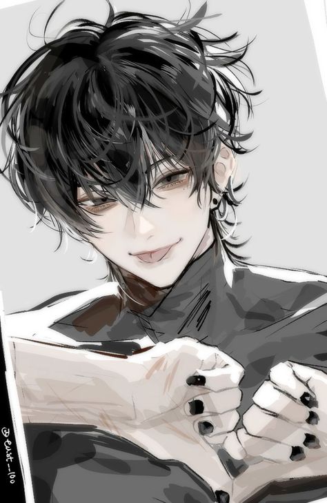 the image is a digital drawing of a young man with black hair and black nails. he is wearing a black turtleneck shirt and has a soft smile on his face. the lighting is soft and the image has a closeup perspective.
