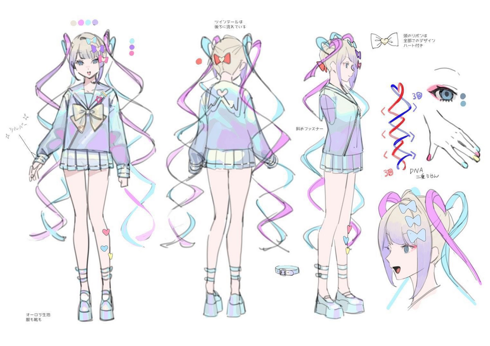 the image shows a character design for an anime girl. she is wearing a blue and purple outfit with ribbons in her hair. the image includes different views of the character, including a closeup of her face, her hand and some details of her outfit.