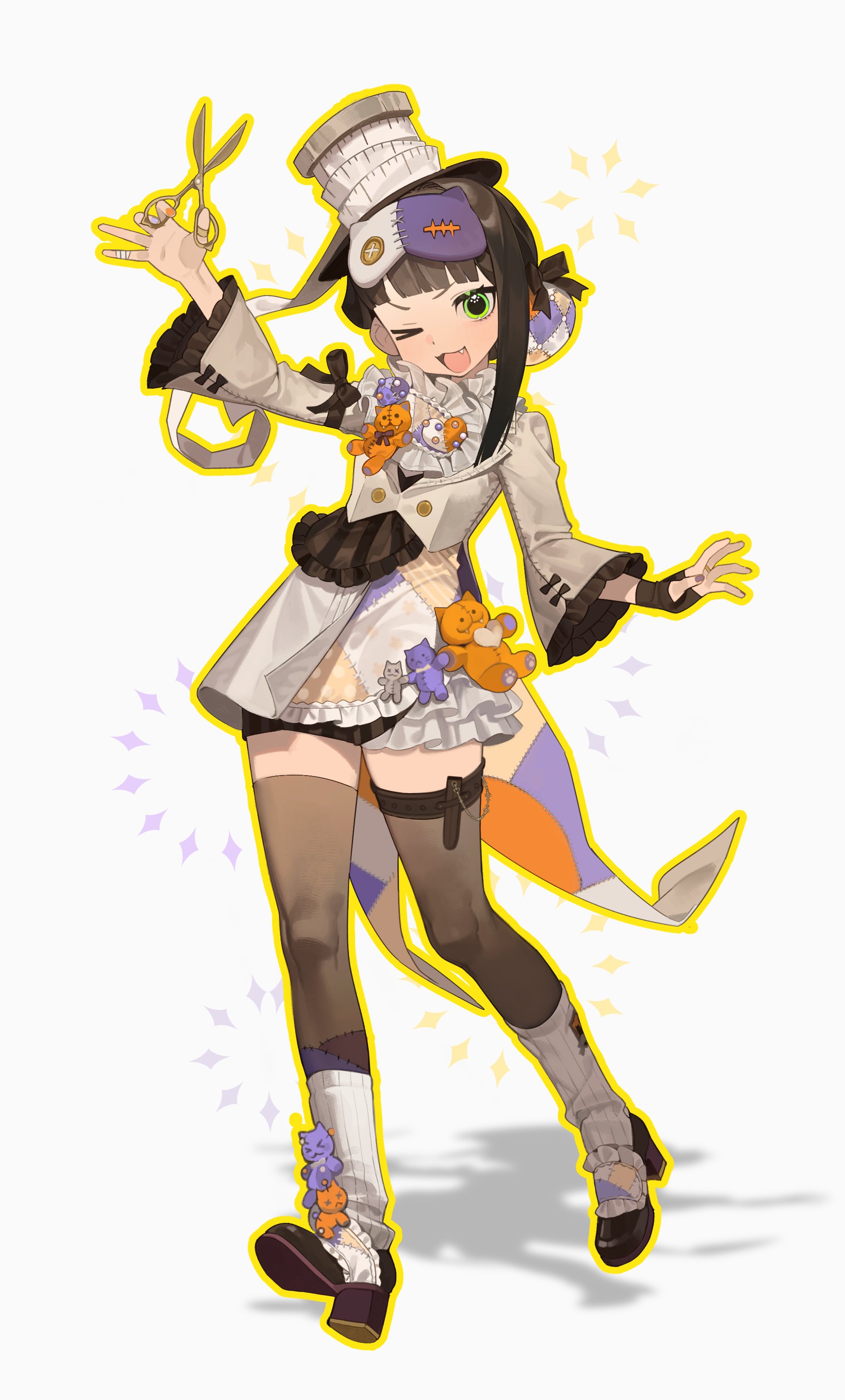 he image is a digital illustration or painting of a stylized animestyle girl character. she has dark hair, green eyes, and is wearing a unique, whimsical outfit that includes a tall, patched hat, a layered, offwhite jacket with dark accents,  a short skirt, thighhigh stockings, and decorated shoes. she's holding a pair of scissors and has a playful, energetic pose. the overall style is cute and vibrant, with bright colors and sparkling effects.  she appears to be a character from an anime, game, or similar media. the background is mostly white with some light yellow sparkles. several small plush toy bears are adorned on her clothing.
