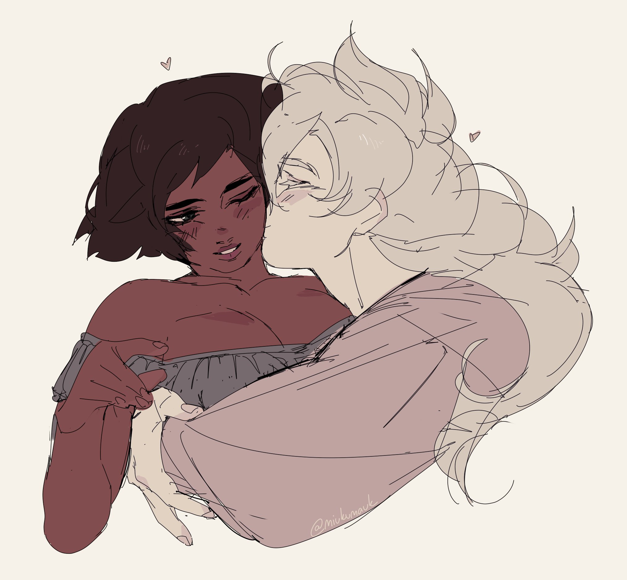 a digital illustration of two women hugging. the woman on the left has brown skin, short brown hair and is wearing a light gray shirt, and the woman on the right has white skin, long blonde hair, and is wearing a pink shirt.  the woman on the right is kissing the woman on the left's cheek, both are blushing.  the woman on the left has one hand on the woman on the right's shoulder and the other hand is holding the woman on the right's hand. the artwork is a simple, sketchy style.