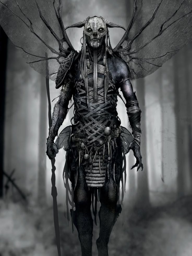 a fullbody, black and white image of a monstrous creature standing in a misty forest. the creature has a skulllike mask with horns, large wings, and is clad in what appears to be tribal armor or woven material. it holds a staff in its hand. the overall atmosphere is dark, eerie, and reminiscent of a dark fantasy or horror setting.