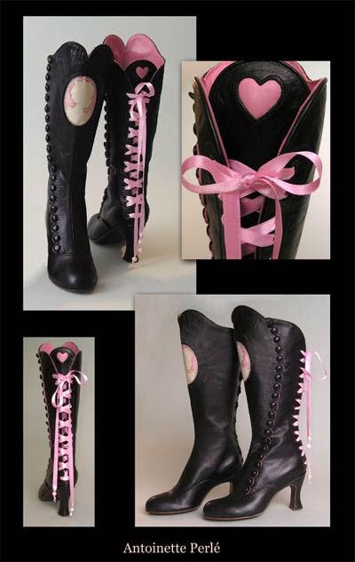 a collage of images shows various views of black leather, kneehigh boots with pink ribbon laces. the boots feature cutout details in the shapes of hearts and ovals, some revealing pink lining. the boots have a high heel and are fastened with laces or buttons. the name "antoinette perlé" is printed at the bottom of the image.