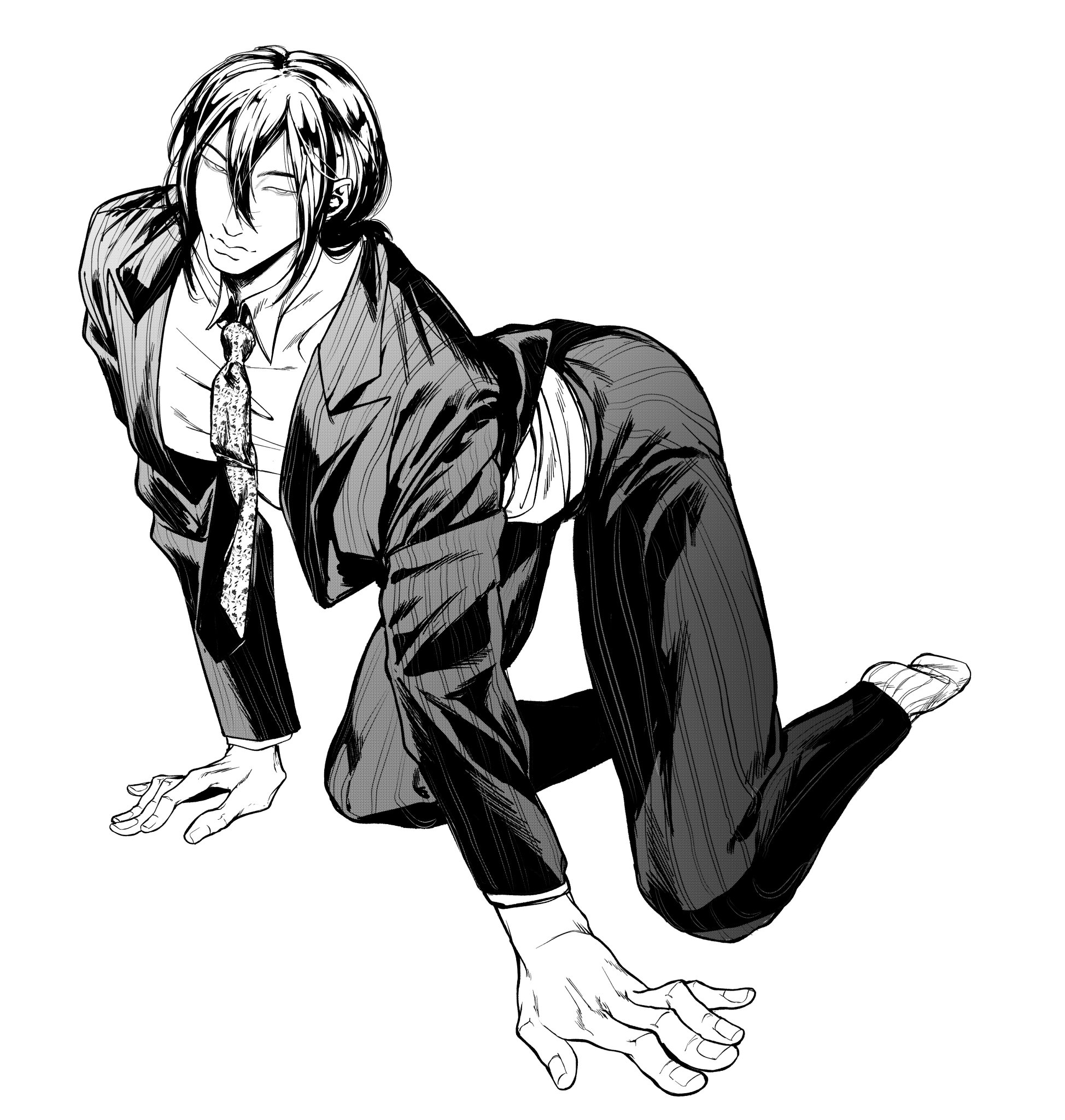 this is a black and white illustration of a man kneeling and crawling forward on all fours. he is wearing a suit, tie, and socks.  the image appears to be inspired by manga art.  the man's eyes are open and focused, and he appears to be moving with purpose. the illustration is welldrawn, with clear lines and shading that give it a sense of depth and realism.
