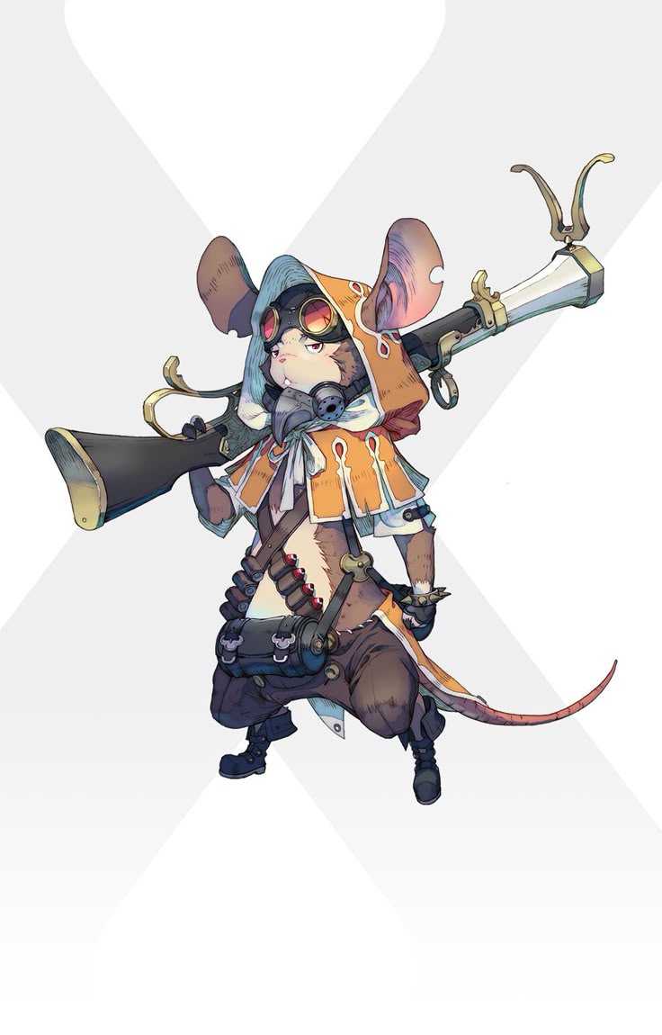 an illustration of an anthropomorphic mouse character in a steampunkstyle outfit. the mouse is wearing goggles and a hood, along with a cape and boots. it carries a steampunk rifle and a cartridge belt. the character stands in a fantasy setting against a light background.
