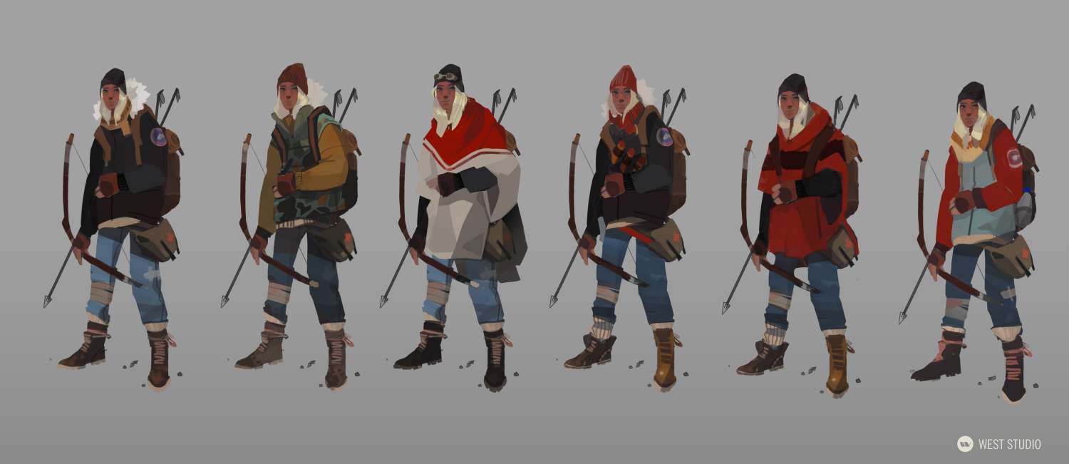six variations of a female character design are shown against a plain gray background. the character is wearing winter clothing in each variation and holding a bow and arrow. the overall aesthetic of the design and equipment suggests a postapocalyptic setting.
