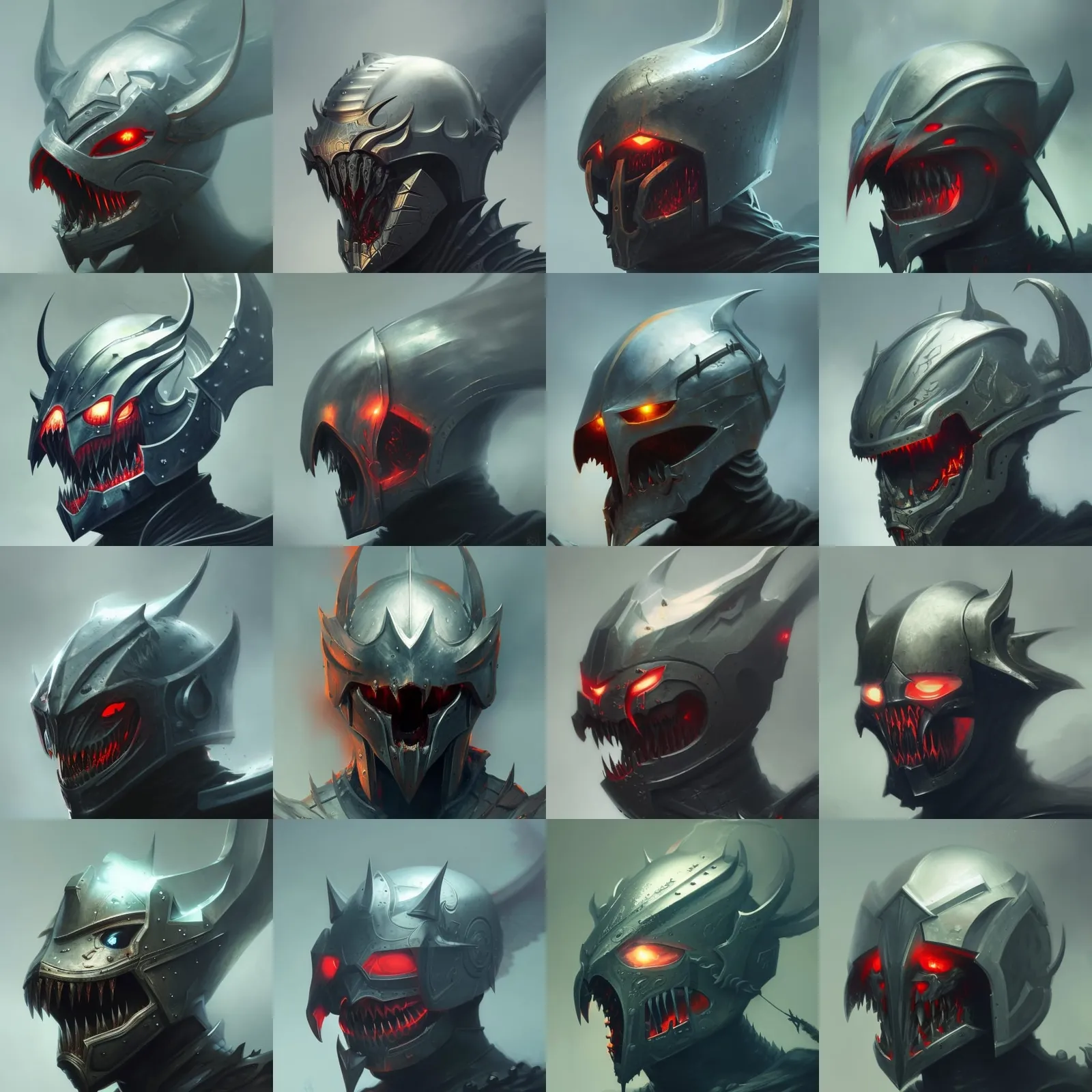 a 4x4 grid showcasing 16 variations of a menacing helmet design. each helmet features sharp angles, pointed horns, and glowing red eyes. the helmets are rendered in a metallic style with subtle variations in shape, size, and detailing.