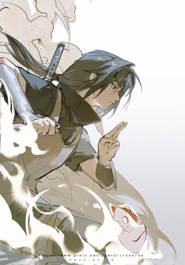 the image showcases sasuke uchiha, a popular character from the anime series naruto, in a dynamic action pose. he is depicted midbattle, with his signature chidori technique crackling around his hand. his sharingan eye glows intensely, highlighting his focus and determination. behind him, a spectral image of his susanoo, a powerful chakra avatar, starts to materialize, emphasizing his immense power. the art style is fluid and expressive, capturing the intensity of the moment. the color palette leans towards a muted scheme, with cool grays and whites dominating, which effectively contrasts with sasuke's dark attire and the fiery chidori.