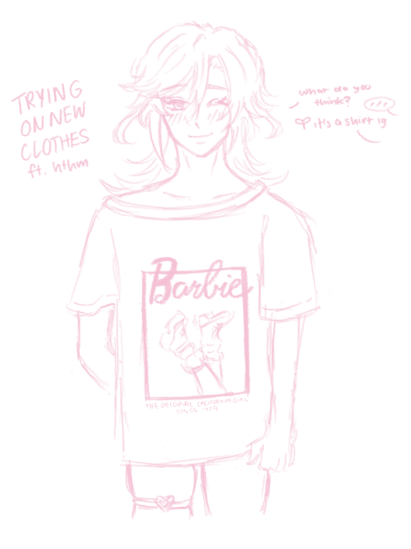 digital drawing of an animestyle girl with long blonde hair, wearing a pink barbie tshirt. the drawing is in a sketchy style with pastel pink tones. the text "trying on new clothes ft. hthm" is written in the upper left corner, and a thought bubble with the text "what do you think? it's a shirt ig" is next to her head.  the overall style is cute and kawaii.