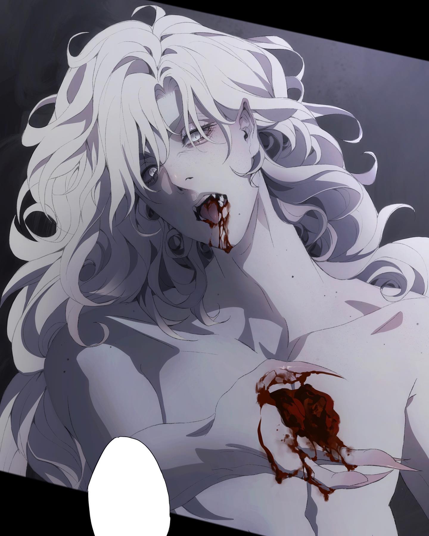 an anime style illustration of a male with white hair, clutching his chest and bleeding profusely. his eyes are wide and his mouth is open as if in pain or shock. the image is set against a dark background and has a dramatic, almost gruesome feel to it.