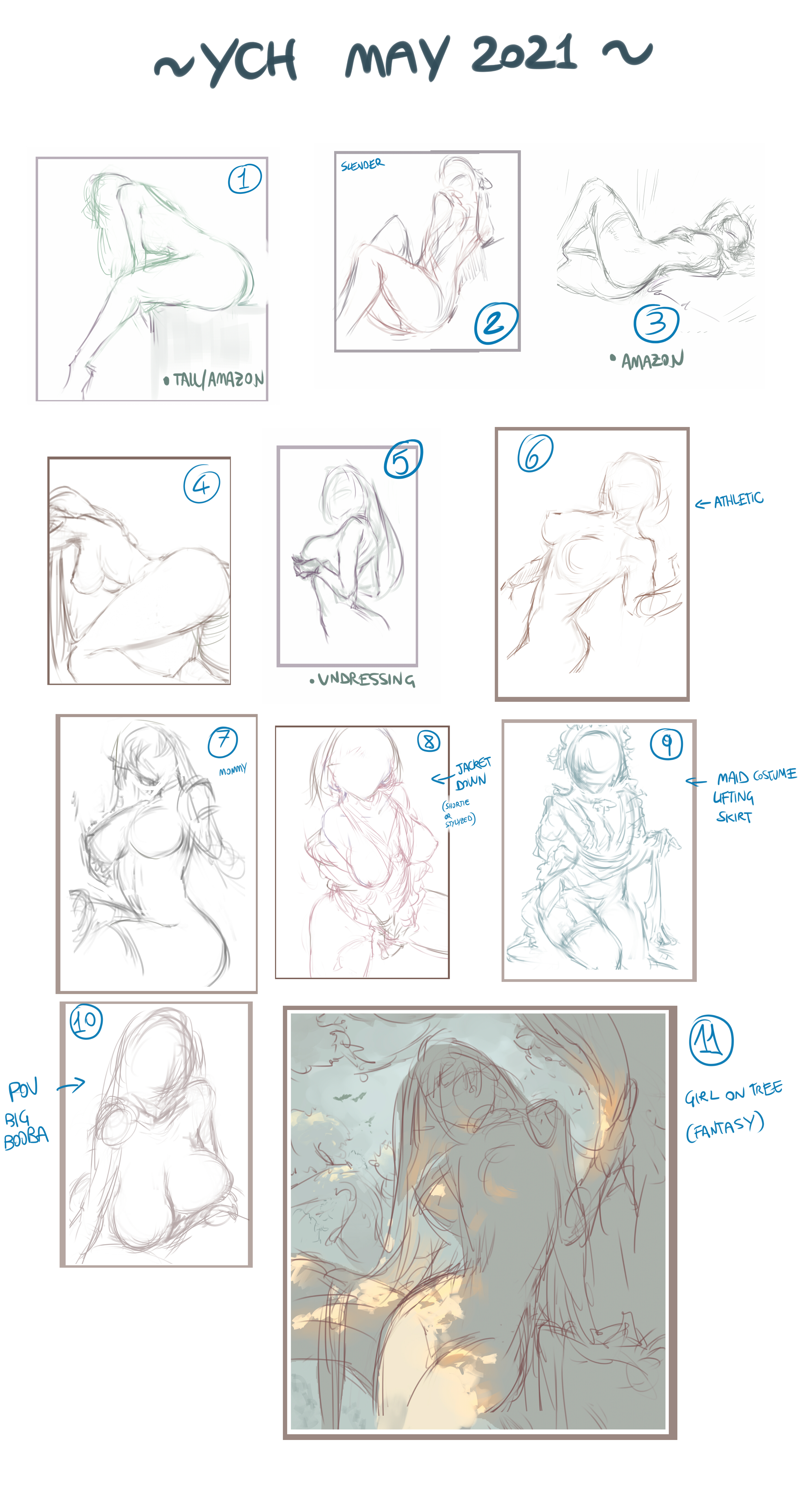 this is a page of sketches showing different poses of women for an art commission.