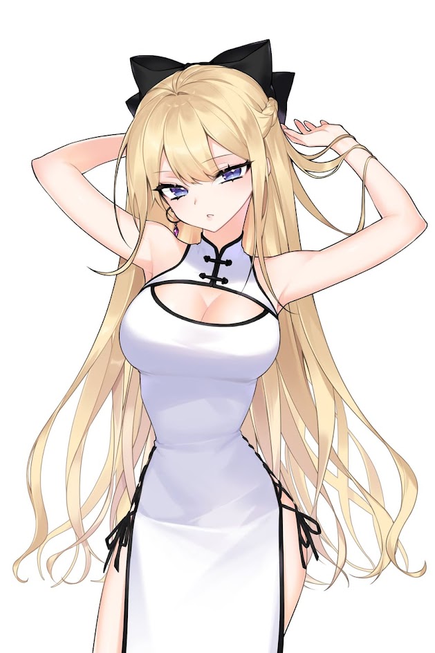 the image depicts an anime girl wearing a white cheongsam with black trim and a black bow in her blonde hair. she has bright blue eyes and a confident expression, gazing towards the viewer. her dress is revealing, with a cutout around the chest,