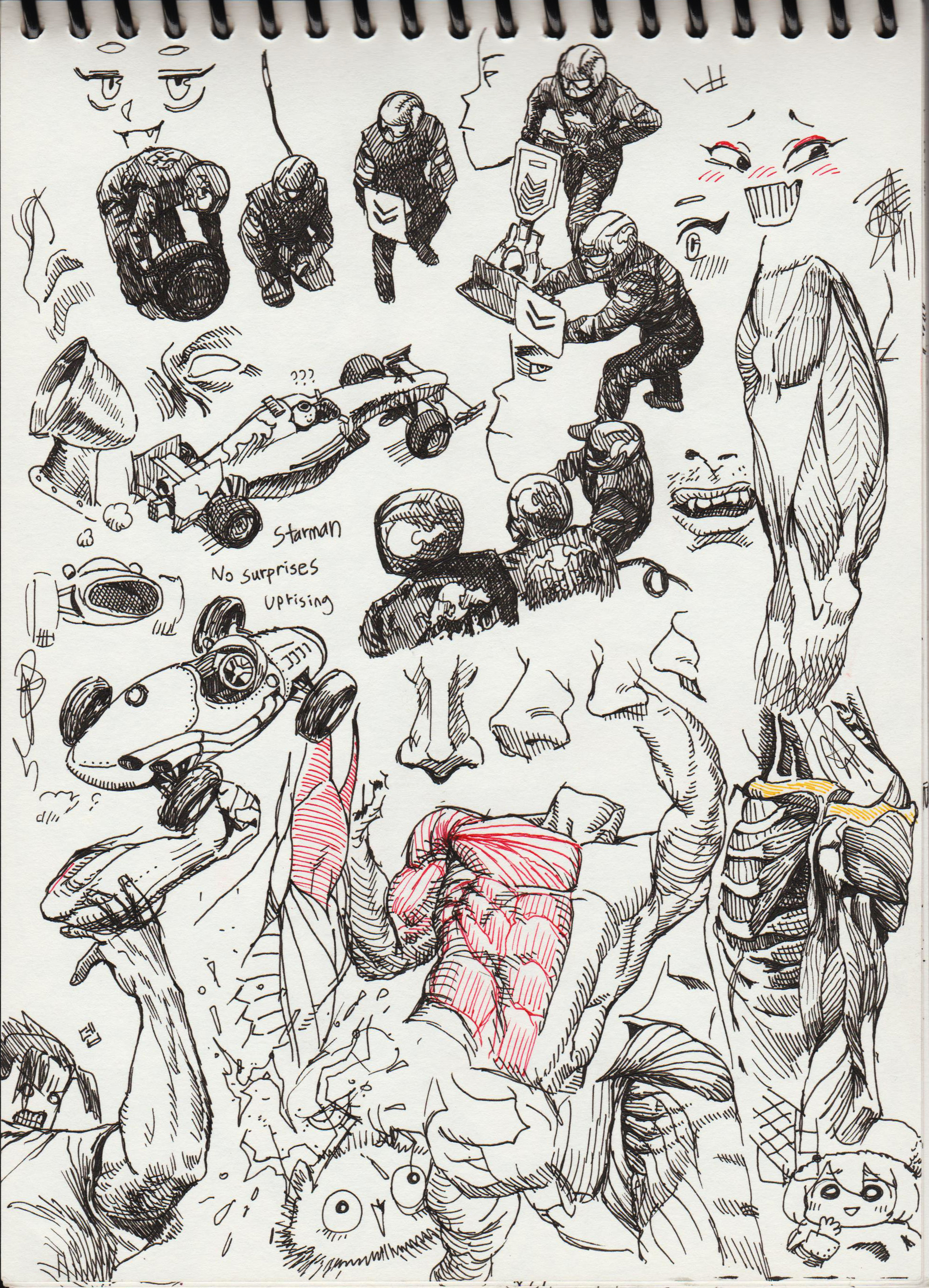 a chaotic and visually compelling drawing filled with various sketches, doodles, and figures. the drawing is created with black ink on white paper, giving it a classic and artistic feel. the central figure is a muscular, nude figure with a redhighlighted musculature, surrounded by a multitude of other figures. there are multiple faces, some with cartoonish expressions, a few seemingly anatomical studies, and an assortment of other figures, including a racing car and a figure that resembles a robot. the overall composition is dynamic and captivating, showcasing a variety of styles and themes.  the artist has created a unique and intriguing visual narrative with their pen and ink, inviting the viewer to explore the complexities of the drawing.