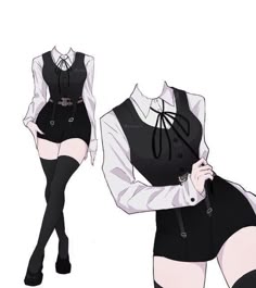 the image shows two anime girls. both are wearing white shirts, black vests, and black skirts. the girl on the left is also wearing black stockings. both girls have bows on their shirts. the illustration is drawn in a manga style.