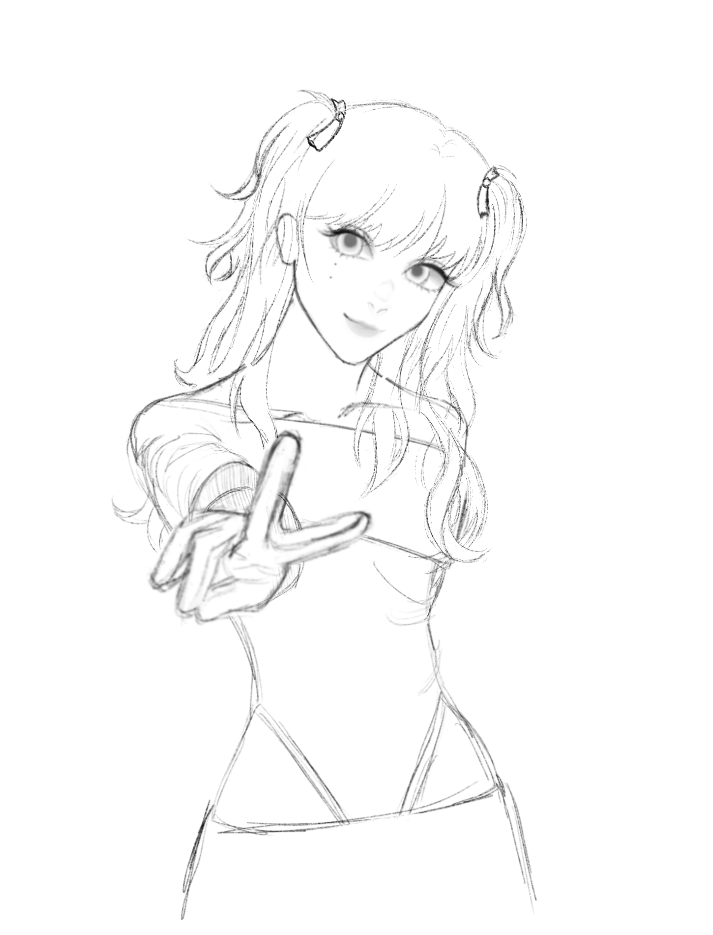 a sketch of an anime girl with pigtails pointing towards the viewer. she is wearing a bathing suit.