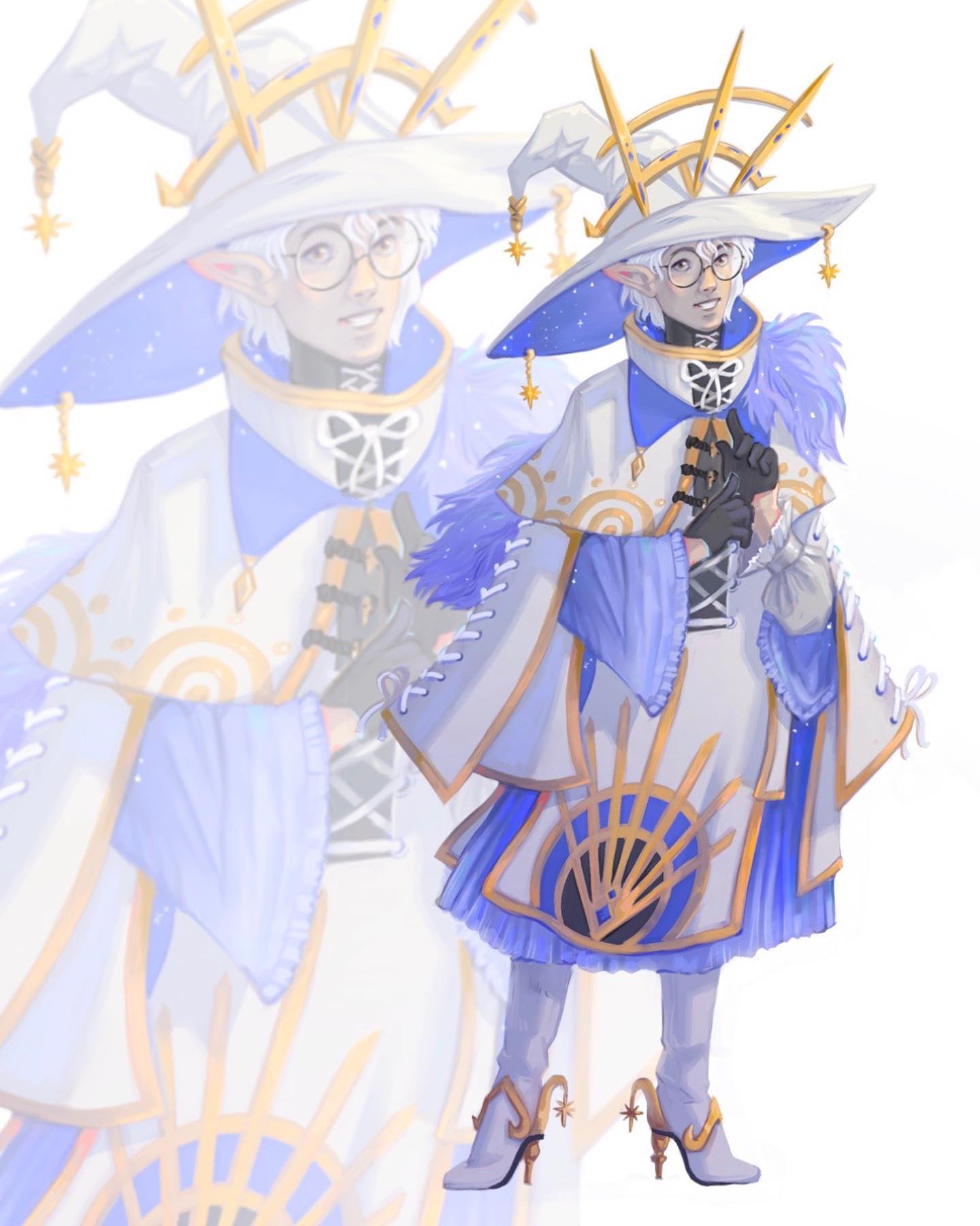 the image is a digital painting of a fantasy character, an elf wizard. the elf is wearing a large, ornate hat adorned with stars and sunlike designs, a long, flowing robe in shades of blue and white with gold accents, and elegant boots. the robe is decorated with celestial motifs, and the elf has pointed ears and wears glasses. the background is blurred, showing a ghostly image of the elf in the same attire. the overall style is whimsical and ethereal, with a focus on detail and elegant design. the image appears to be character art for a game or story.