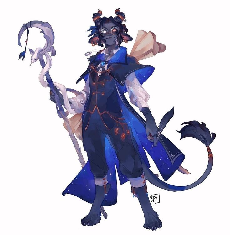 this is a digital illustration of a fantasy character. the character has a black furred tail and black furred arms. the character has a black face and is wearing a blue cloak with stars on it, and a black suit jacket. the character is holding a white staff with a snake coiled around it, and is wearing black pants. the character is wearing glasses and has a black and white hat. there is a white background.