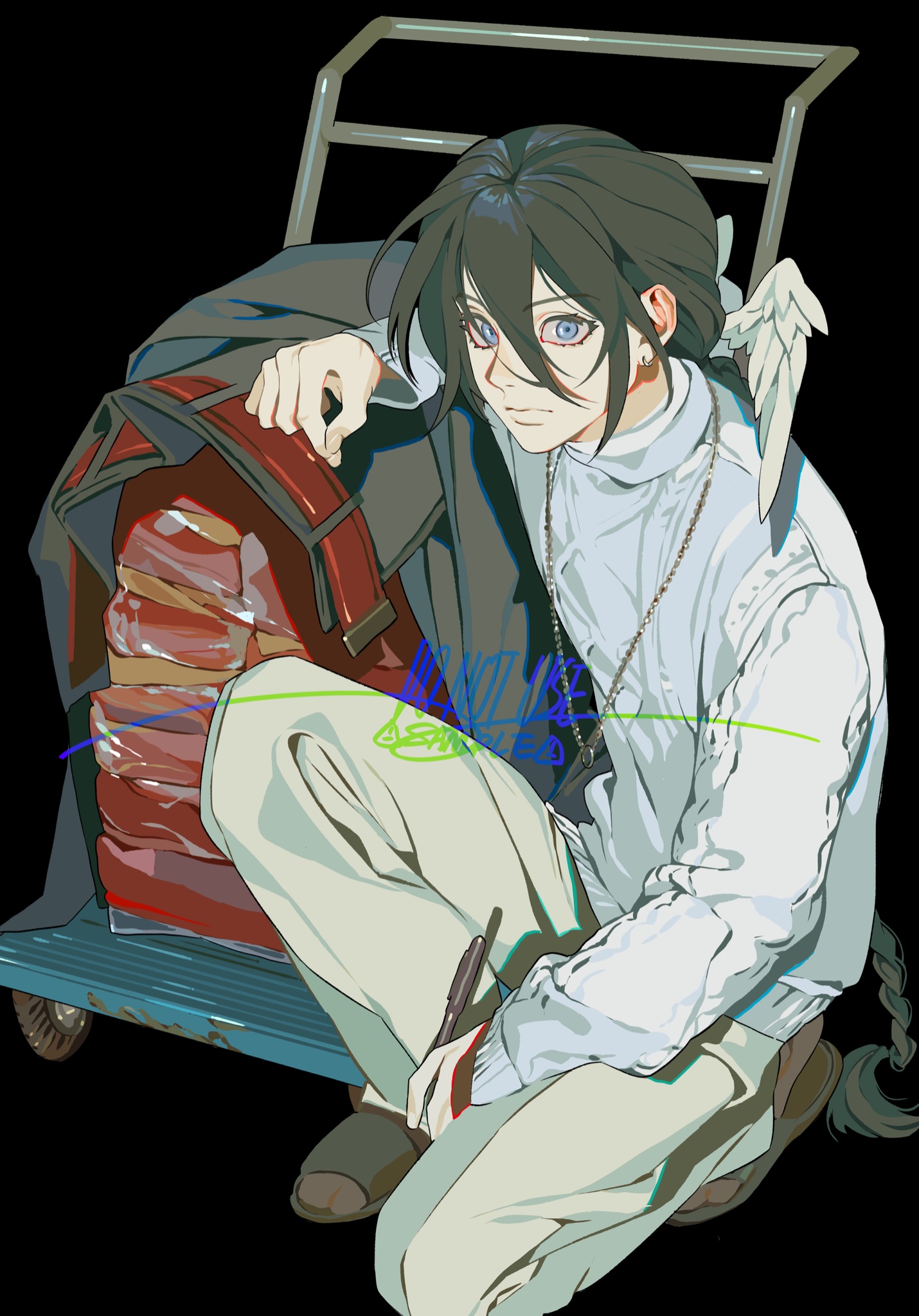 an animestyle drawing shows a boy with dark hair and blue eyes, wearing a white turtleneck sweater, light pants, and brown shoes, kneeling in front of a hand truck loaded with wrapped items. he has a small wing visible on his back, a braid in his hair, and is holding a pen in his right hand. he also has a necklace. the background is black.