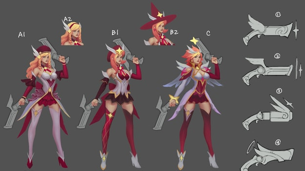 this is a concept art drawing of a female character from the popular video game league of legends. the character is a star guardian, a type of magical girl from the game's universe. she is depicted in a variety of poses, showcasing her design and accessories, including her unique weapon and wings. this artwork is likely part of the design process for a new champion or skin.