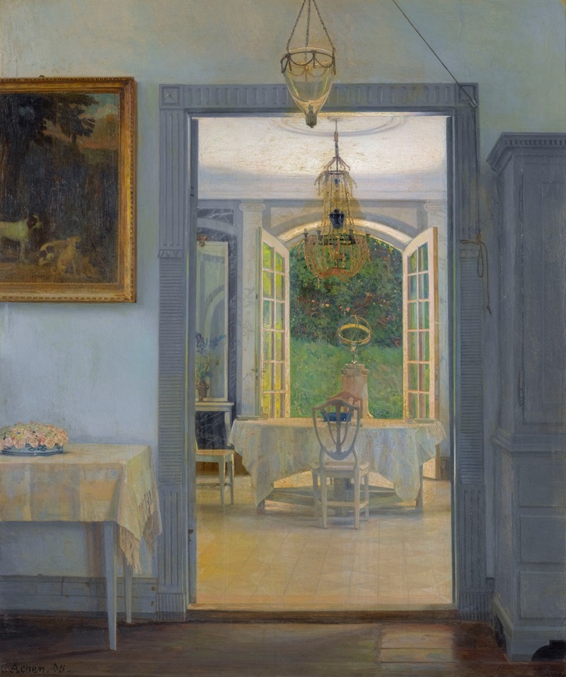 the image is a painting depicting a tranquil interior scene. a doorway frames another room bathed in natural light streaming through open windows overlooking a garden. inside the second room, a table is covered with a white cloth, and a chair sits in front of it. a birdcage chandelier hangs from the ceiling. in the foreground room, a table with flowers on it stands next to the doorway, and a framed landscape painting hangs on the wall. the color palette is muted and the lighting is soft, creating a serene and domestic atmosphere. the style is reminiscent of scandinavian art from the early 20th century, particularly the work of vilhelm hammershøi.