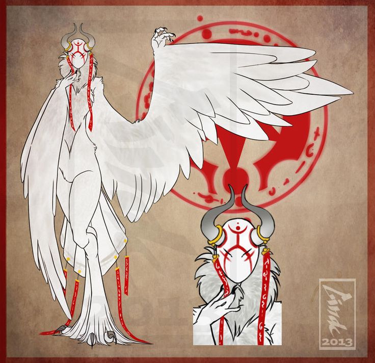 this digital artwork depicts a white humanoid creature with large feathery wings, red strings of various lengths, and a white mask with red details. the creature has a long white tail and holds its wings out and behind it. the creature is situated in front of a red and white background and is shown in a more "detailed" pose. below it is a smaller depiction of the creature, showing its mask and body in more detail, as well as red horns. the artist's signature is also located below the creature in the bottom right corner.