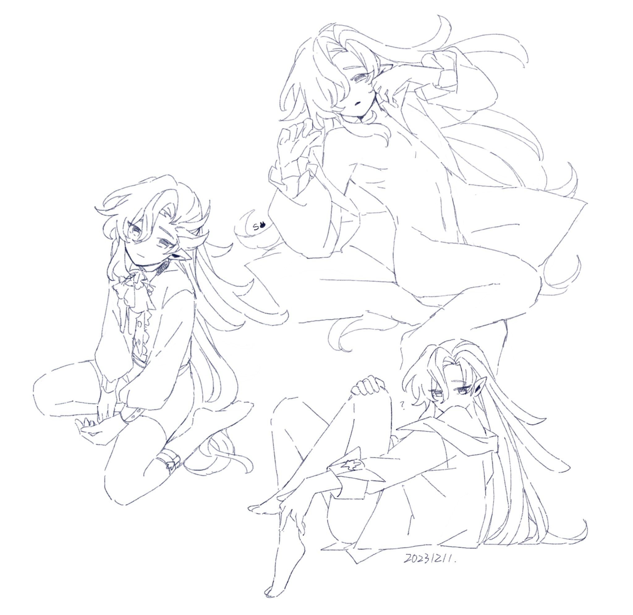 he image contains three sketches of animestyle female characters with long hair.  each character is depicted in a different pose. one is sitting with her legs crossed, another is lying down with one arm over her head, and the last is sitting with her legs bent.  the style is loose and sketchy, with light blue lines on a white background.  the date "2023/12/11" is written in the bottom right corner. the characters appear to be wearing loosefitting, elegant clothing.  the overall style is light and airy.