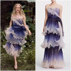 the image showcases two women wearing identical ombre dresses, featuring a mix of purple and pink hues, adorned with delicate ruffles. both women strike elegant poses, highlighting the intricate detailing and flowing silhouette of the gown. the left woman is in a lush green forest setting, while the right woman is against a white background. the overall aesthetic conveys a sense of sophistication and grace.