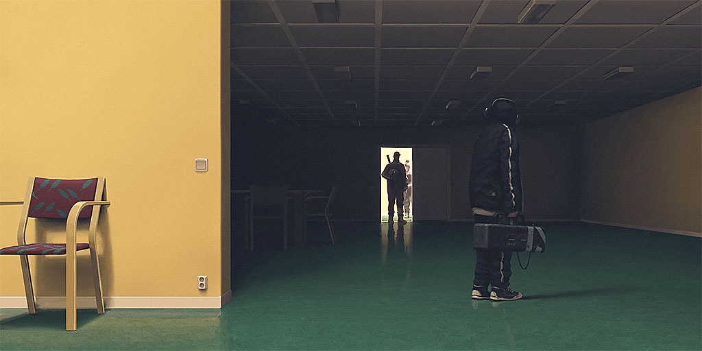a lone man with headphones stands in a doorway holding a large black case. he is looking down the hallway towards a figure silhouetted in the doorway at the end of the hall. the man is wearing a black jacket and pants, and his face is partially obscured by his headphones. the floor is green, and the walls are yellow. there is a chair in the foreground, to the left.