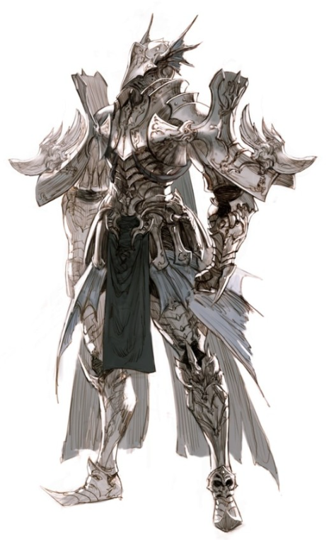 a digital illustration shows a character concept for a fantasy warrior wearing ornate white and gray armor. the warrior is facing slightly to the left with their head turned away from the viewer. the armor is highly detailed, with spikes, skulls, and other embellishments. the warrior is also wearing a dark blue loincloth. the background is white.