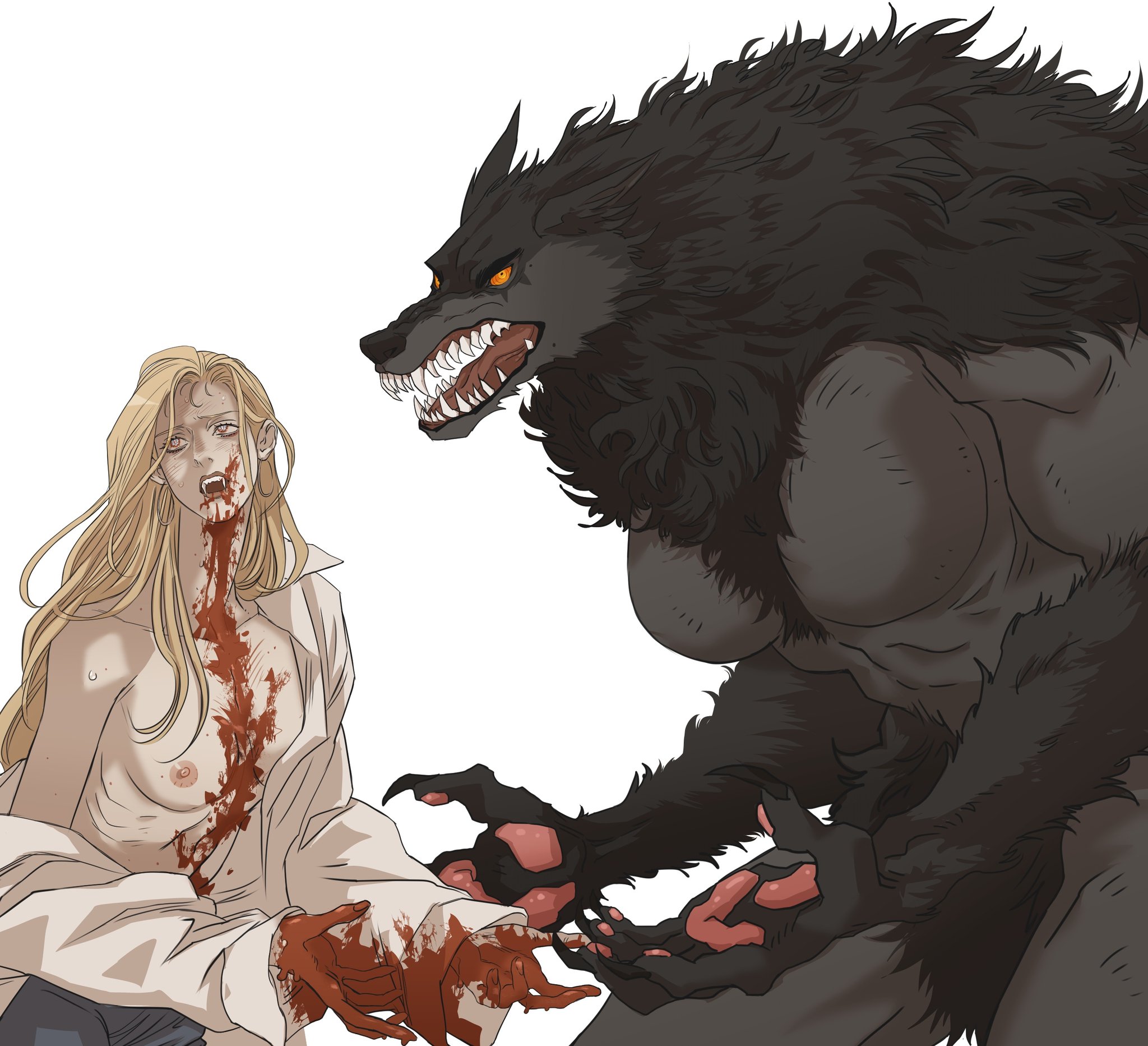 the image depicts a scene featuring a male vampire and a female werewolf. the vampire is partially unclothed, covered in blood, with visible fangs. the werewolf is large, muscular, and covered in black fur, with sharp teeth and glowing yellow eyes. the setting appears to be a confrontation or attack scene.