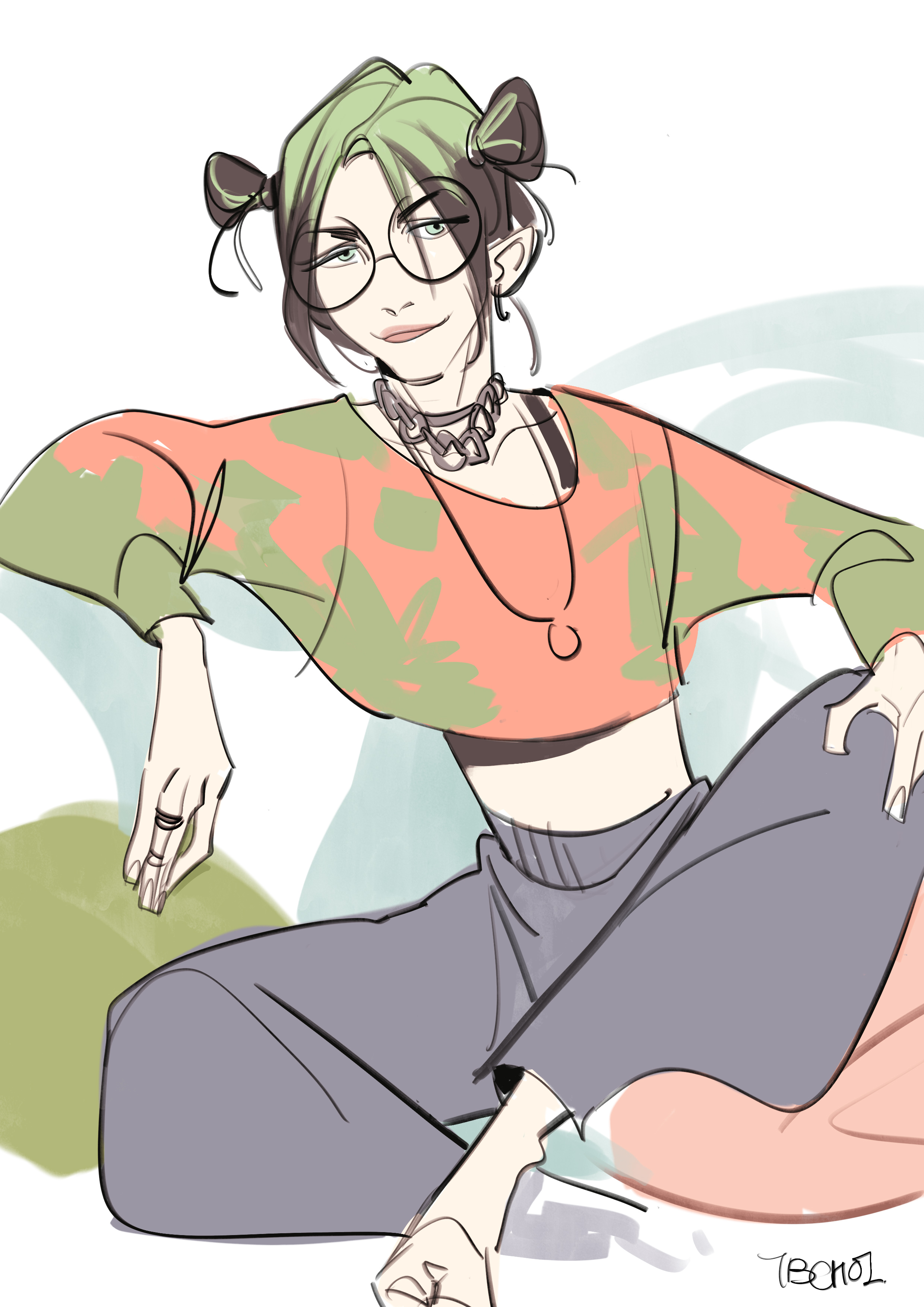 he image is a digital drawing or sketch of a young woman or animestyle girl. she has light green hair styled in two buns on top of her head, is wearing glasses, and has a relaxed, casual pose while sitting.  her clothing consists of an oversized, pastel peach and green patterned sweater cropped at the waist, highwaisted gray pants, and several accessories including a chunky necklace and rings.  the art style is soft and slightly sketchy, with pastel coloring and loose lines. the background is a light, neutral color with subtle shading. the overall mood is relaxed and pleasant.