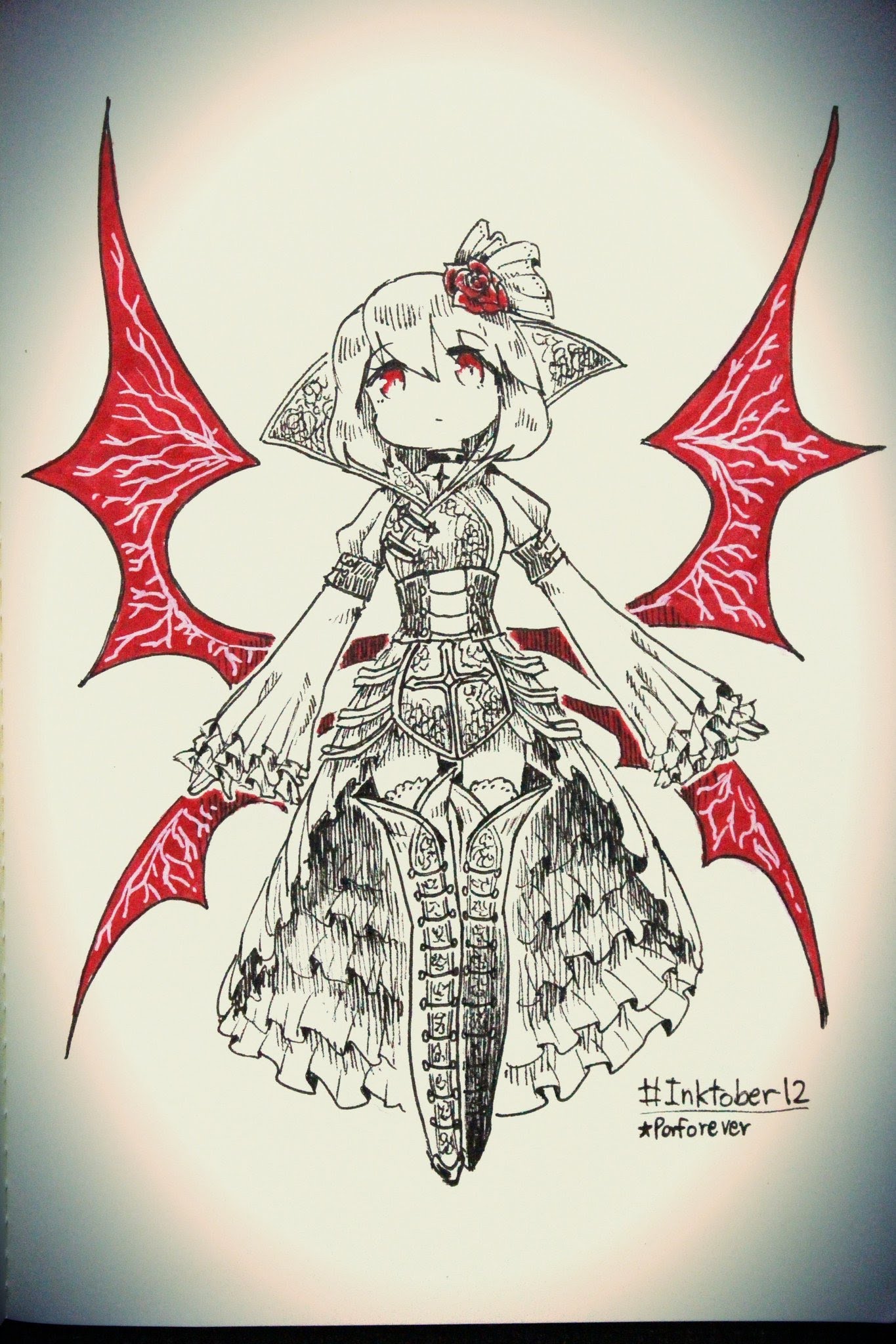 this is an ink drawing of a cute anime girl with black wings. she has a detailed gothic lolita costume with big red boots and a red flower in her hair. the drawing is done in black ink with red highlights and has an elegant and spooky style.