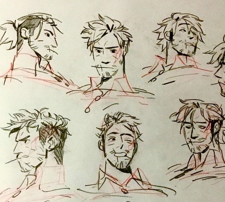 the image contains multiple sketches of the same male character from various angles and with different facial expressions.  the style is loose and sketchy, using pen or ink on paper.  the character has various hairstyles and facial hair, from a short, spiky style to longer hair pulled back.  the sketches focus on the character's head and shoulders, showcasing different expressions, from serious to smiling. there are faint red lines visible underneath some sketches which might be construction lines or guidelines.  the overall feel is a collection of character design explorations.