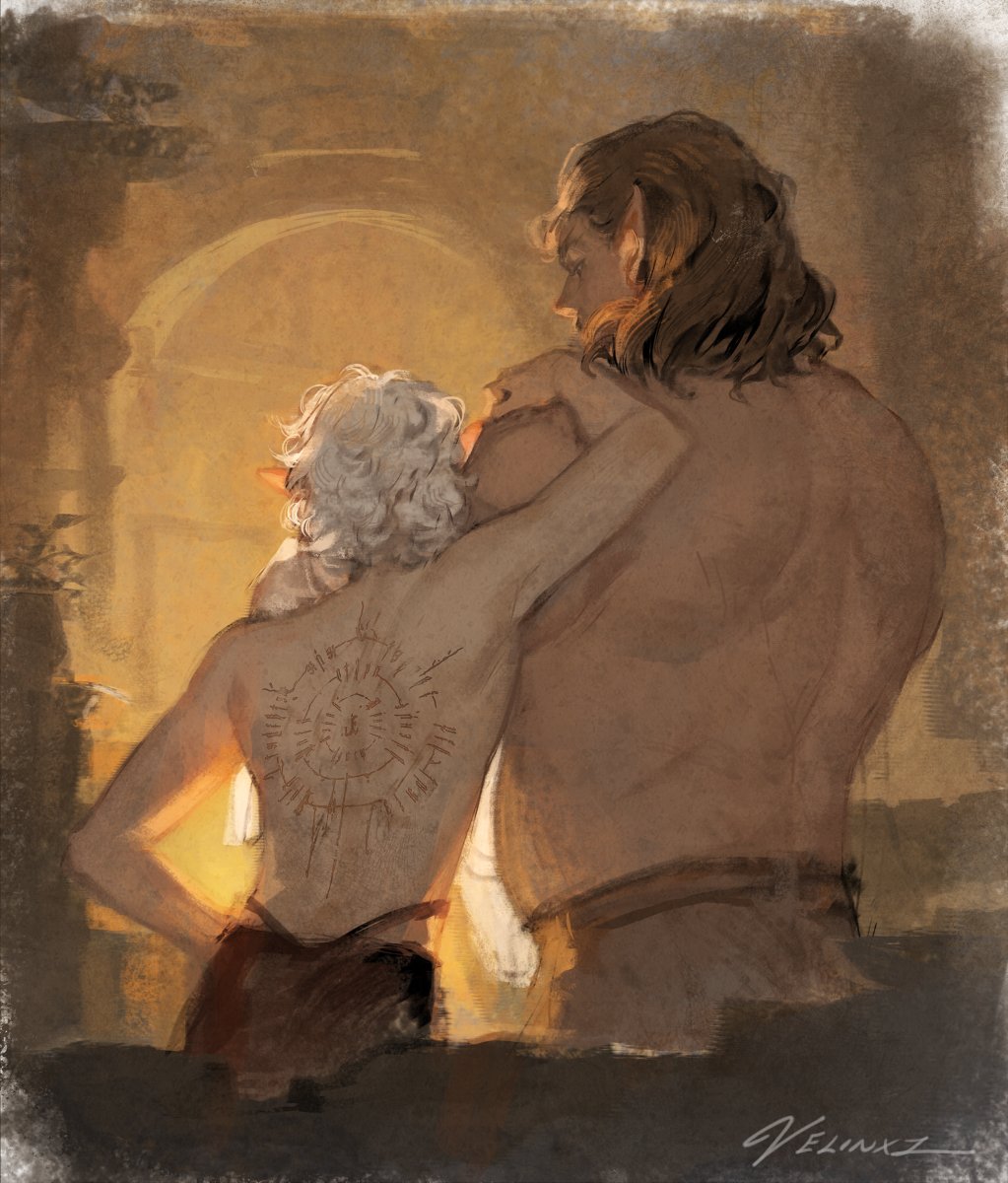 a digital artwork depicts two male figures in a warm embrace. one figure, likely an elf due to pointed ears, has white curly hair and a detailed circular tattoo on his back. he is wearing a simple red garment around his lower body. the other figure, taller and more muscular, also appears to be an elf with long brown hair. he is embracing the first figure from behind. the background features a warm, soft light, possibly indicating a sunset or firelight, and includes an arched doorway or window. the overall tone is intimate and tender. the style is reminiscent of a digital painting with soft brushstrokes and a focus on light and shadow. the signature "velinxi" is visible in the bottom right corner.