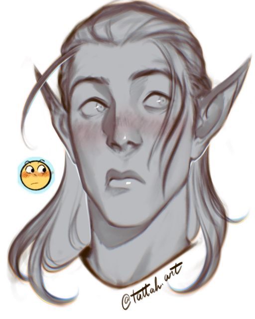 a digital illustration of a female elf with long, flowing hair. the elf is drawn in a soft and gentle style, with a dreamy expression. the character's face has a slight blush. the background is white and the image is signed with the artist's name in the bottom right corner.