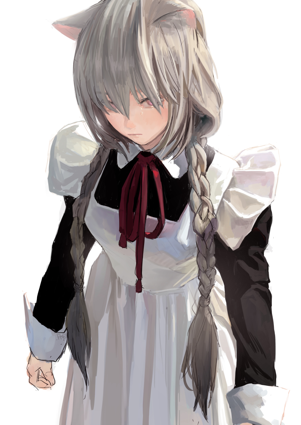 the image is a digital illustration of an animestyle girl with cat ears, dressed in a maid outfit. she has gray hair styled in braids, and a red ribbon tied around her neck. her expression is sad, and there are tears visible on her face. she is looking down and away from the viewer. the maid outfit consists of a white apron with large shoulder ruffles and black sleeves.