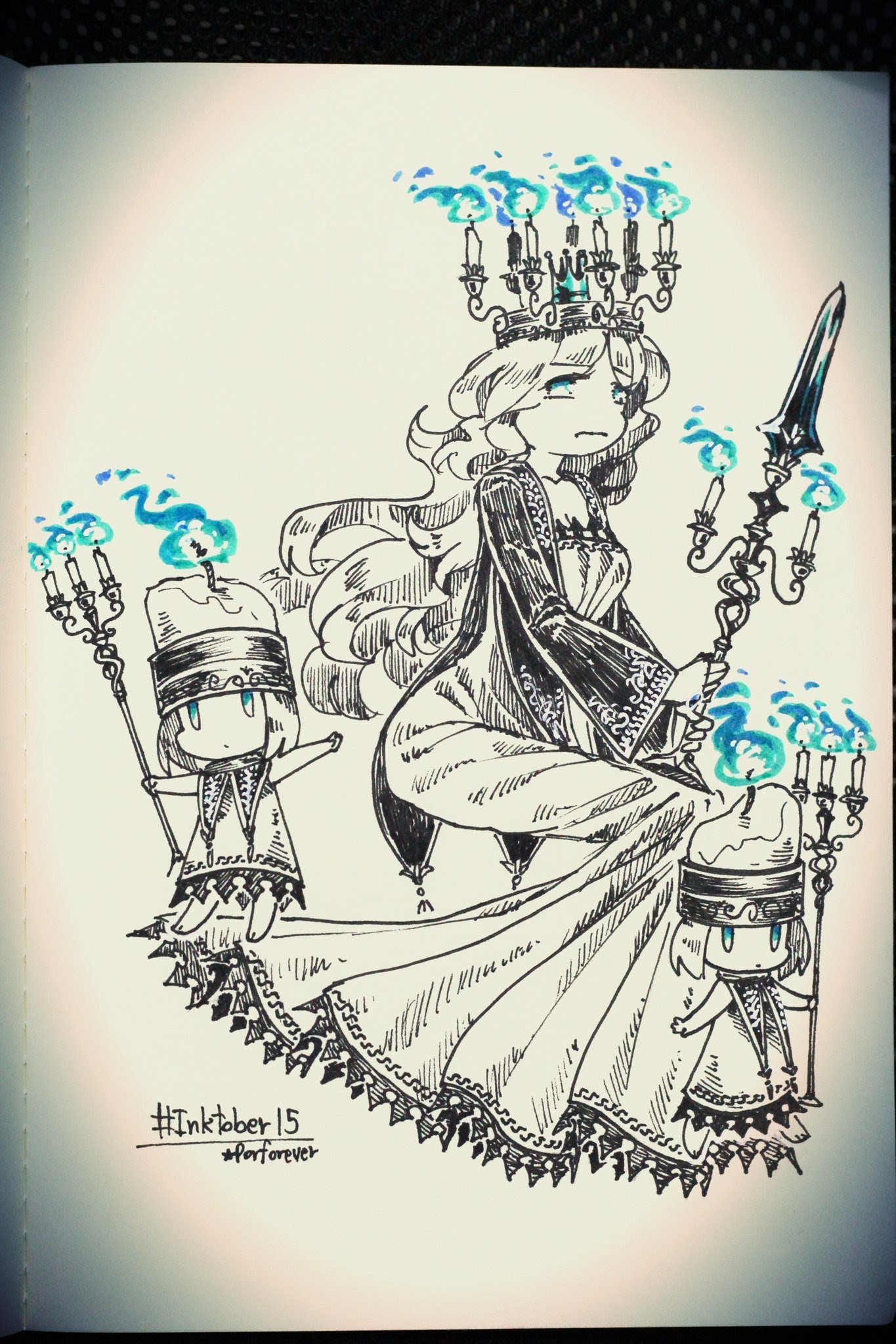 a black and white ink illustration of a woman wearing a crown of candles and a long, flowing dress. she is holding a spear with a candle on top. two smaller figures, also with candle crowns, stand near her. the image is set against a white background. the image is labeled "inktober 15" and "artforever".