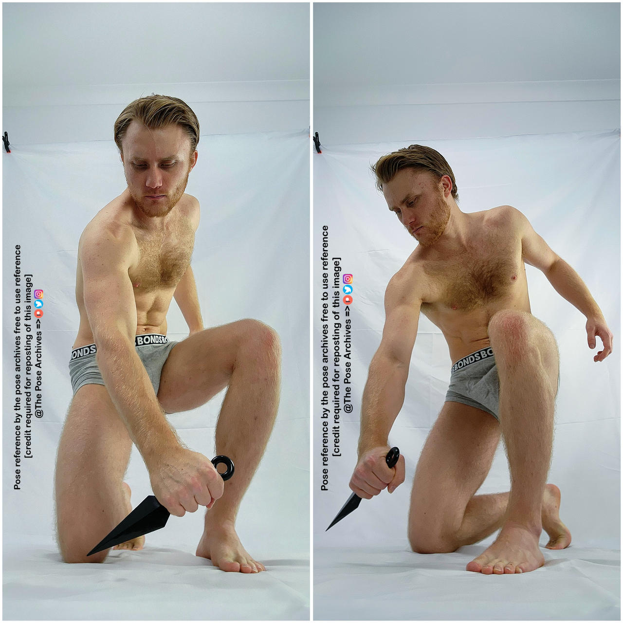 two nearidentical images sidebyside show a muscular, young adult male in grey underwear assuming a dynamic crouching pose. he holds a kunai (throwing knife) in his right hand, poised for action. the background is a plain white studio setting, and the lighting is bright and even. this appears to be a pose reference for artists.