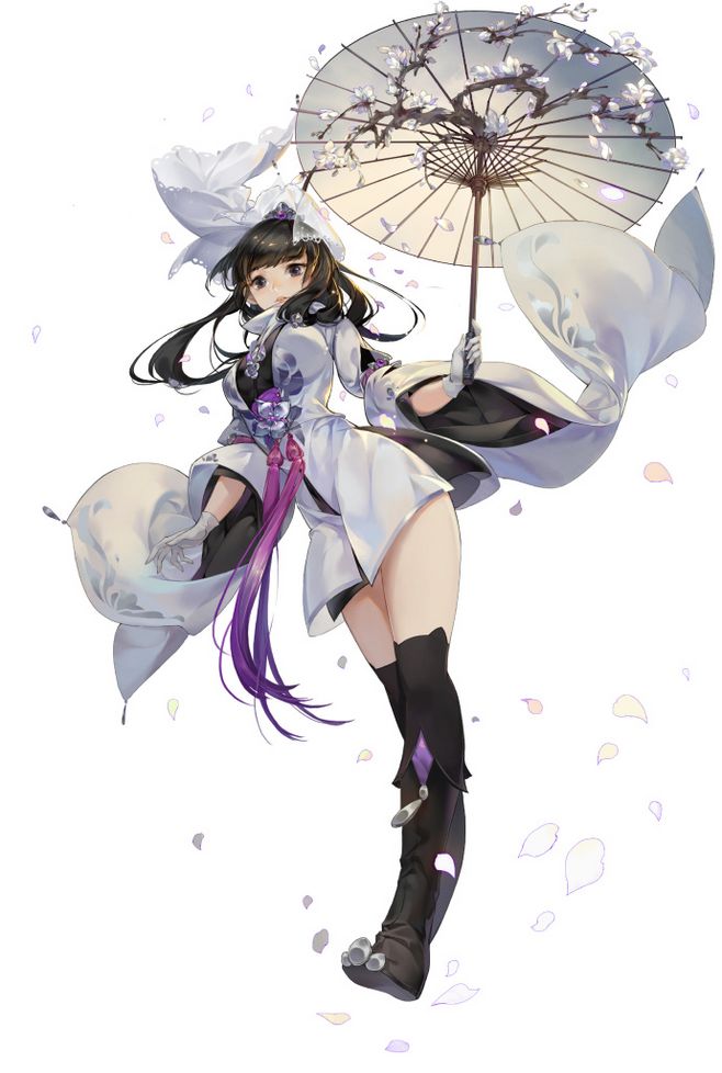 a young woman with long black hair and purple eyes is depicted in a dynamic pose, appearing to float in midair. she wears a striking outfit that blends traditional japanese elements with a modern fantasy aesthetic. her attire consists of a primarily white ensemble with black accents and purple details, including a flowing overskirt and thighhigh socks. a large, ornate umbrella, adorned with delicate cherry blossoms, shields her from above. scattered petals and the windblown fabric of her clothing contribute to the ethereal and graceful ambiance of the scene.