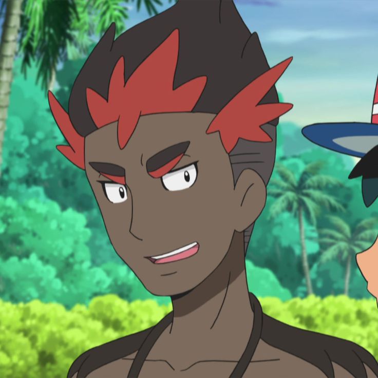 a close up image of a male pokemon character with a serious facial expression. he has red hair and dark skin, he is looking towards the right.