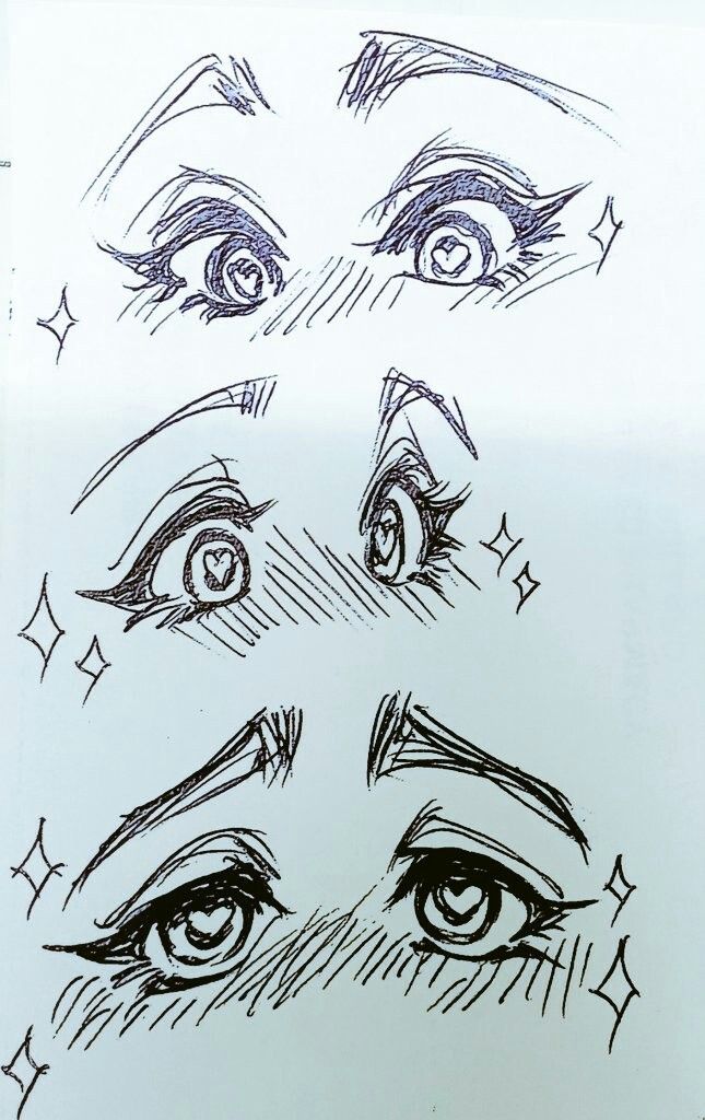 the image is a sketch of three pairs of anime style eyes, each with a heartshaped pupil. the eyes are drawn with a finetipped pen, and the lines are clean and precise. the heart pupils and the overall style of the eyes evoke feelings of love, admiration, or a crush. small sparkles surround the eyes.