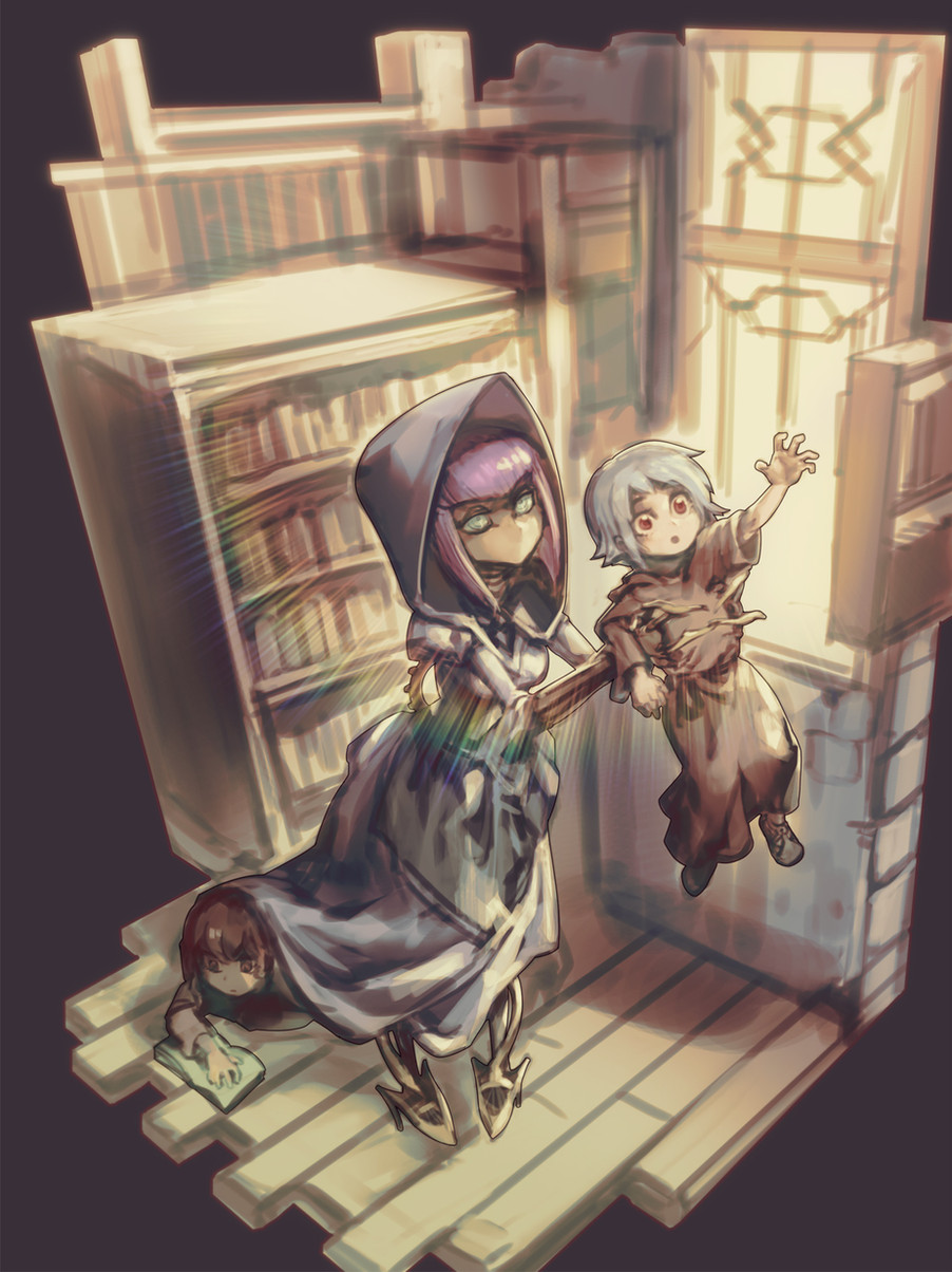 a young girl wearing a white robe is shown standing on a platform holding a little boy. she has long purple hair, and the little boy is wearing a brown robe. the scene is set in a futuristic library, which is made of wood and glass. the girl is reaching out to something out of frame, which is behind the little boy. the art style is digital and has a retro feel.