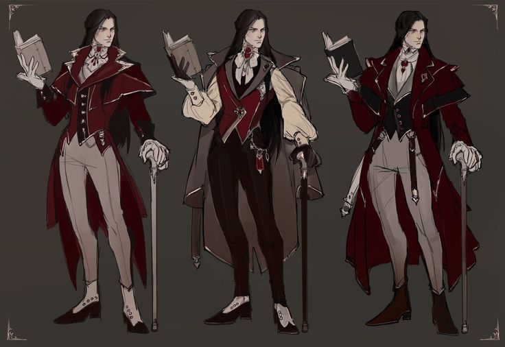 he image contains concept art depicting three different poses of a male character.  the character is styled in a dark, elegant gothic/victorian fashion. he is tall and slender with long dark hair and is dressed in a long red coat over a dark waistcoat and lightcolored pants.  he carries a cane and holds a book in each pose. the art style is reminiscent of anime or manga, with emphasis on line work and shading to create depth and detail. the background is a muted gray.