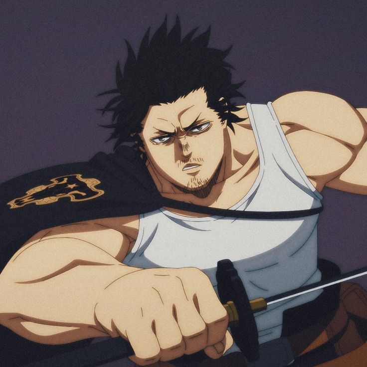 the image is of yami sukehiro, the captain of the black bulls, from the anime and manga black clover. he is a powerful magic knight with a dark and menacing aura. he is in a fighting stance, holding his sword in front of him, with a serious and determined expression on his face. the image is drawn in an anime style, with bright colors and exaggerated features. the background is a blurred purple color.