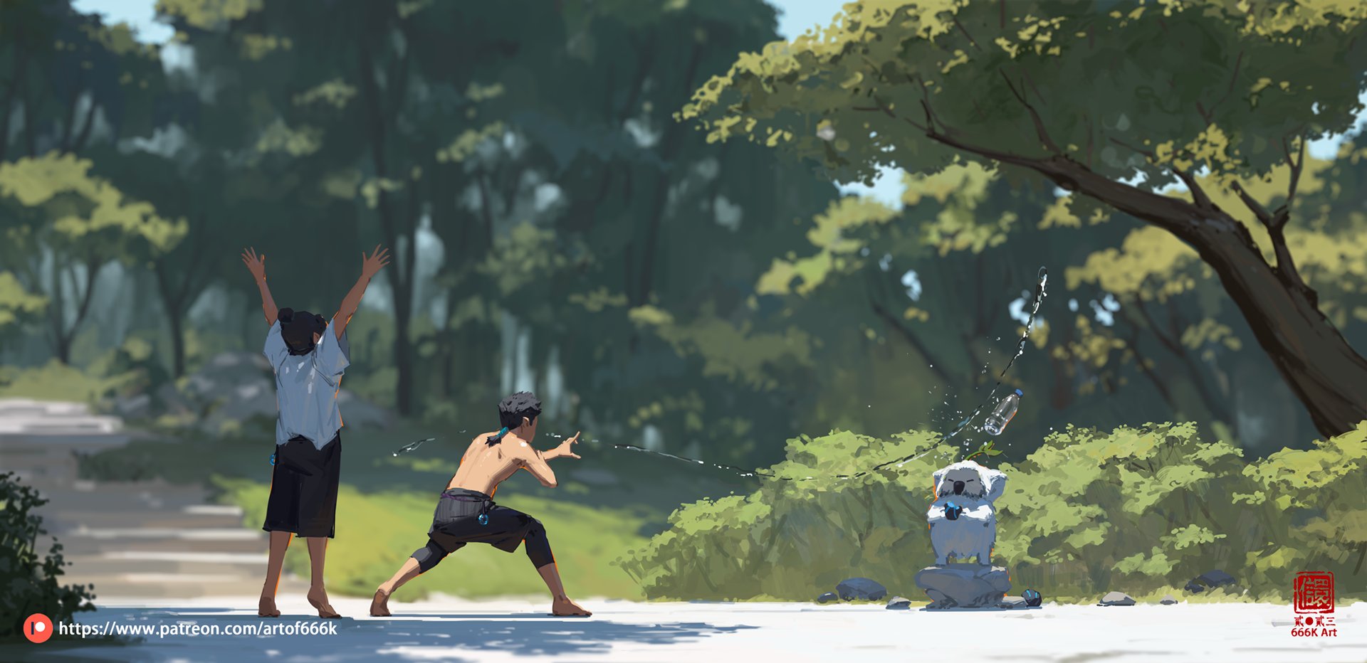 the digital painting depicts a whimsical scene of two boys playfully interacting in a sundrenched forest setting.  one boy is standing with arms raised, seemingly in joyous abandon, while the other is crouched, appearing to be aiming a water bottle or something similar which splashes water, creating a stream of droplets that extend towards the first boy. a cute, small stone statue of a dog is situated in the middle ground, seemingly unaffected by the playful splashing. the background features lush green foliage, with trees casting shadows, creating a calm and peaceful atmosphere. the style is reminiscent of anime or animation, with soft lines and vibrant yet slightly muted colors. an artist's signature and patreon watermark are visible in the bottom right and left corners, respectively.