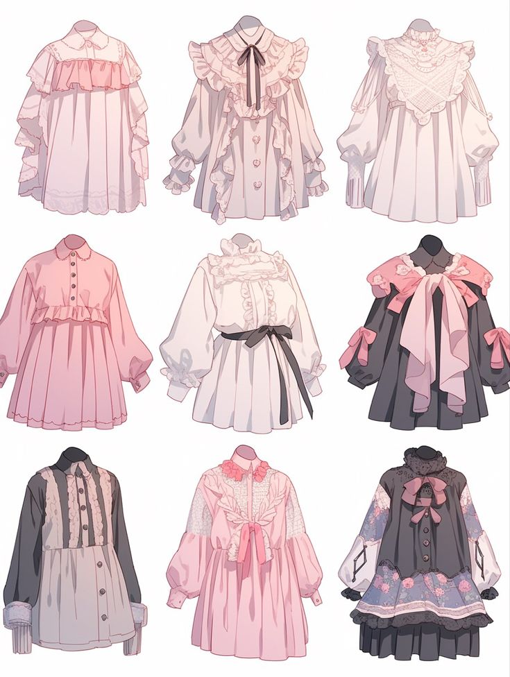 the image showcases nine distinct designs of lolitastyle dresses. each dress features intricate details like frills, lace, ribbons, and bows, contributing to an overall aesthetic of cuteness and femininity. the color palette is soft and romantic, dominated by pinks, whites, and blacks.