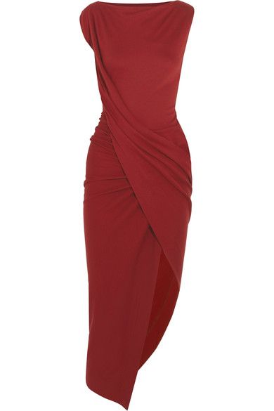 a red midi dress is draped asymmetrically. it is a sheath dress or cocktail dress, and it is formal wear.