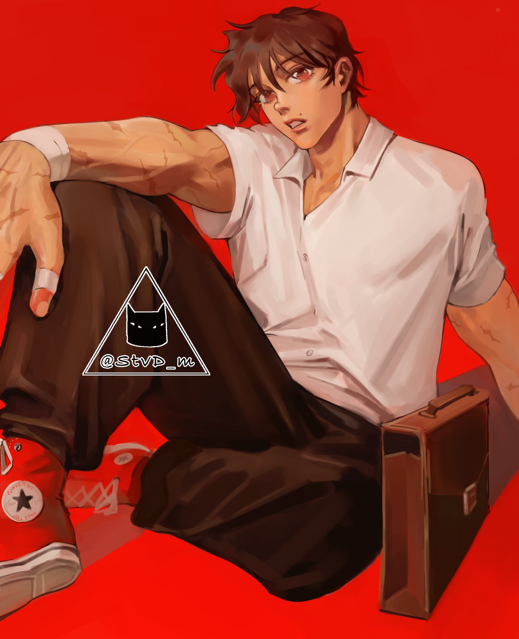 an anime man is sitting with his legs crossed in front of him. he has brown hair, a white shirt and black pants. he is wearing red converse sneakers. he is sitting against a red background. he has a brown briefcase next to his right leg. a triangle with a cat logo is on his lap.