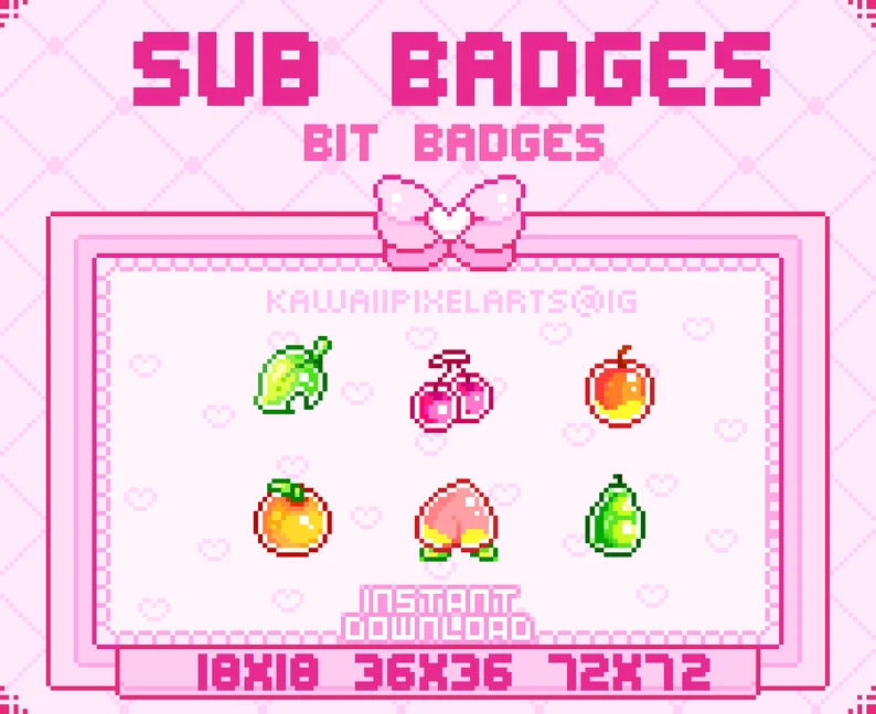 a set of pixel art sub badges with a pink background. the badges are fruits, including an apple, peach, pear, cherries, and orange. there is also a green leaf badge. the text "sub badges" and "bit badges" is at the top of the image. the dimensions of the badges are 18x18, 36x36, and 72x72. the text "instant download" is at the bottom of the image.  the username "kawaiipixelarts@ig" is displayed in the image.